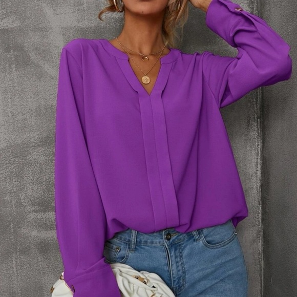 New notched v neck purple long sleeve blouse - Picture 2 of 6
